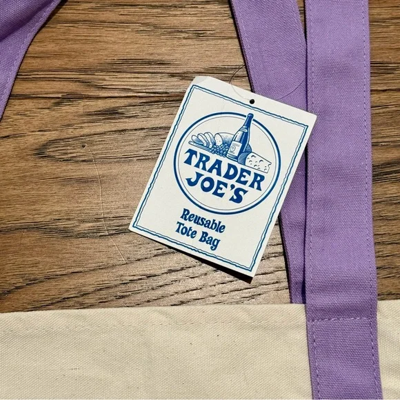 Large Trader Joes Tote Bag Lavender Purple Canvas 20" × 14” Brand New With Tags - Picture 3 of 4